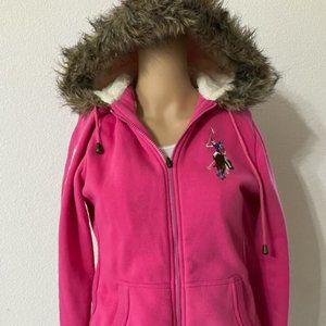U.S POLO ASSN  Faux fur Full zip EMBELLISHED Hoodie M hot pink